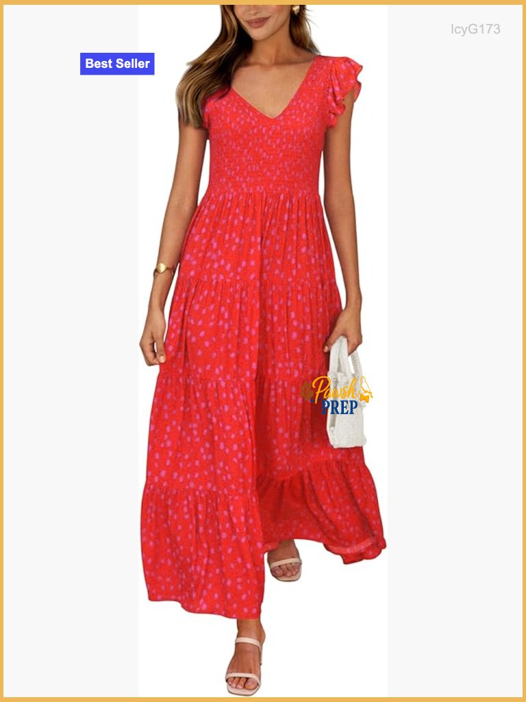 Summer Maxi Dress V-Neck Cap Sleeve Smocked Beach Sundress Flowy Casual